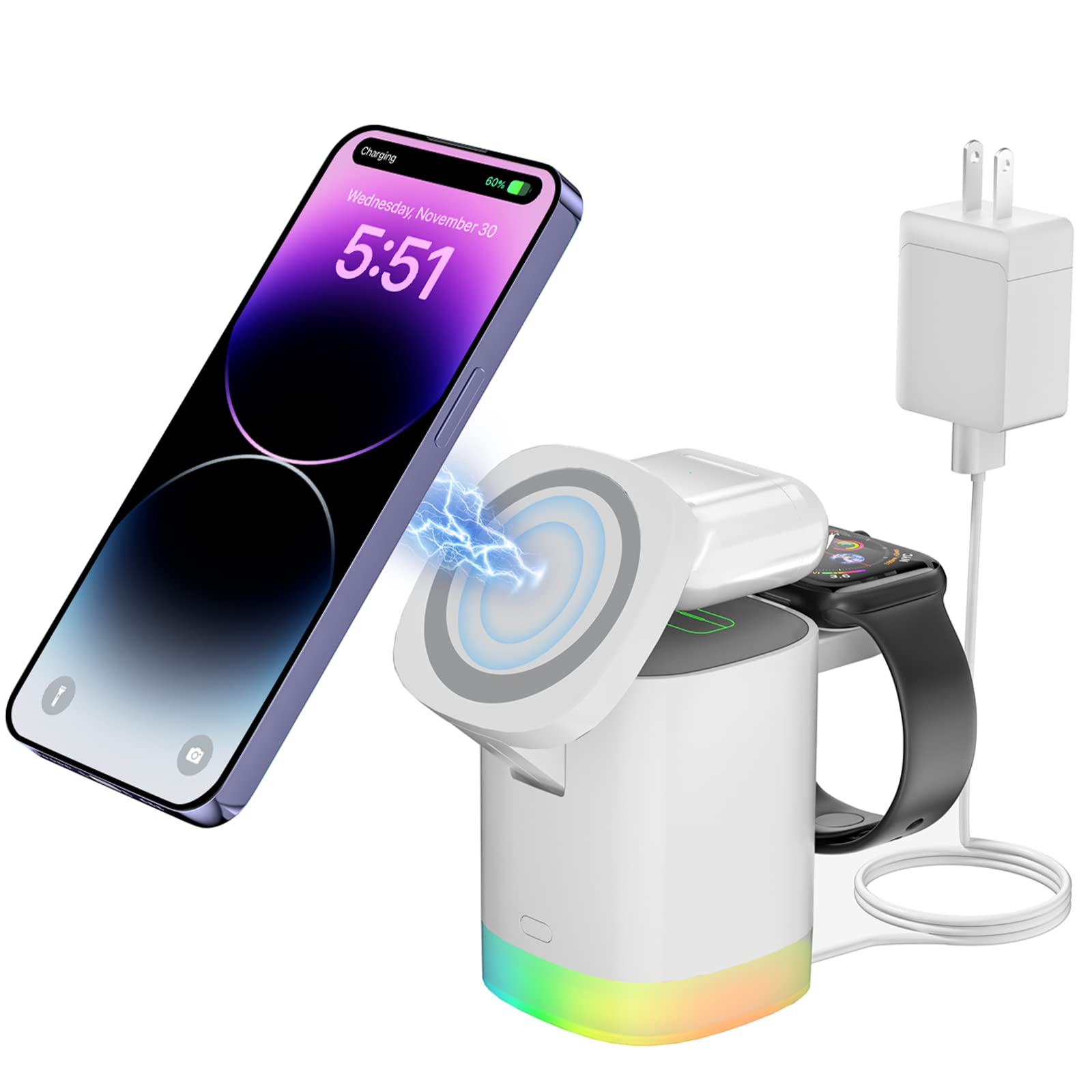 3-in-1 iPhone and Android Qi Compatible Wireless Charging Cube Station for Phone, Earphones, and Watch